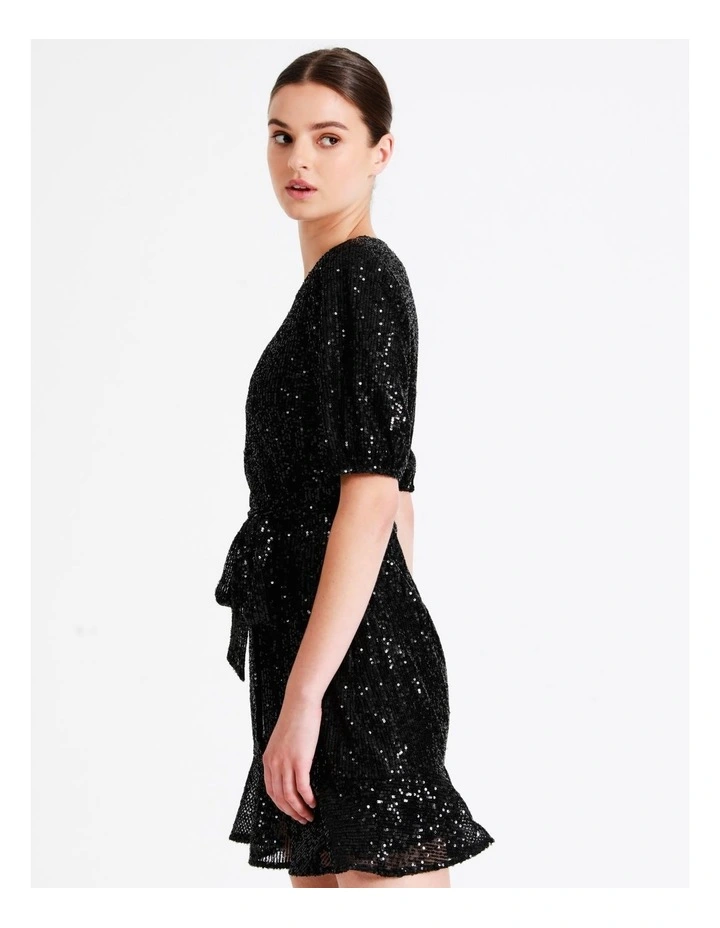 Sequin Puff Sleeve Mini Dress In Black - Image 2