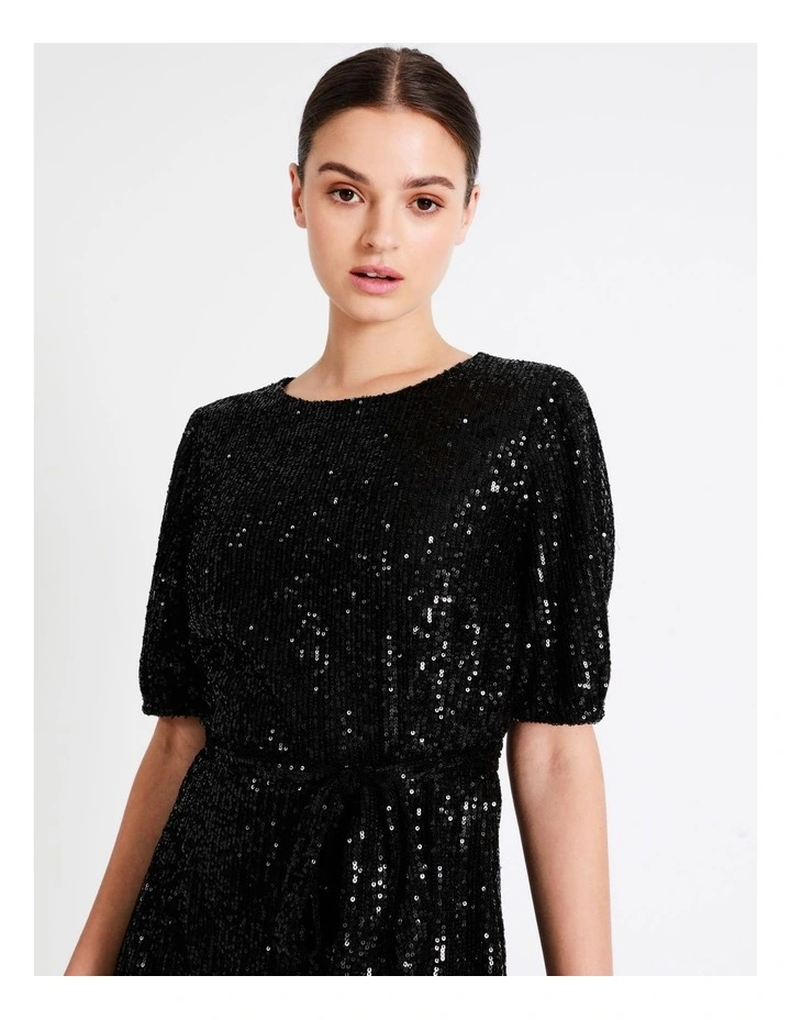 Sequin Puff Sleeve Mini Dress In Black - Image 3
