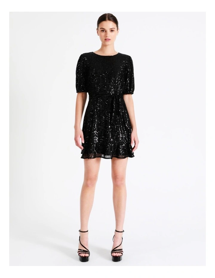 Sequin Puff Sleeve Mini Dress In Black - Image 4