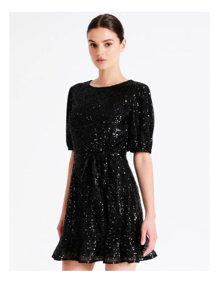 Sequin Puff Sleeve Mini Dress In Black - Image 5