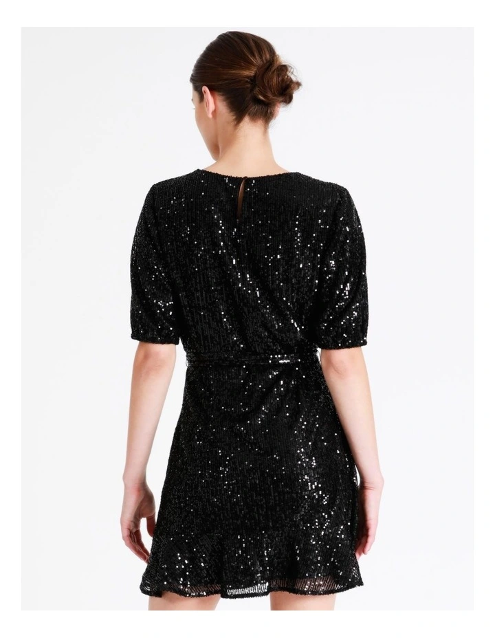 Sequin Puff Sleeve Mini Dress In Black - Image 6