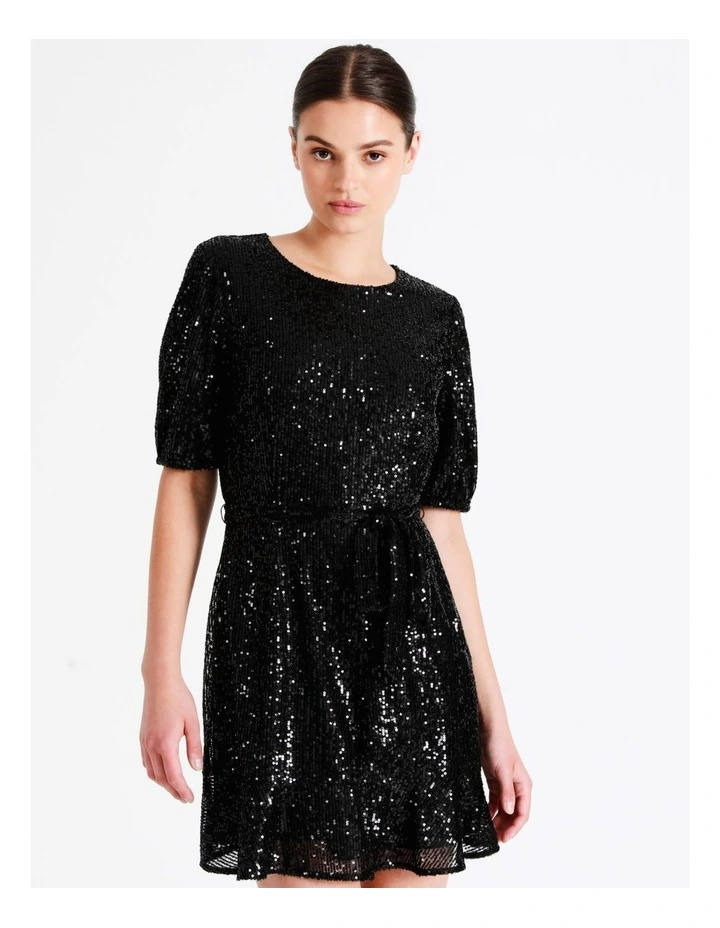 Sequin Puff Sleeve Mini Dress In Black - Image 7
