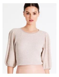 Rib Puff Sleeve Knit Top In Beige
