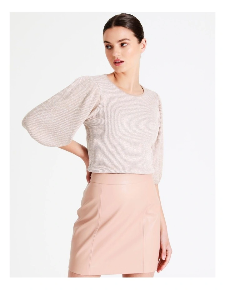 Rib Puff Sleeve Knit Top In Beige - Image 2