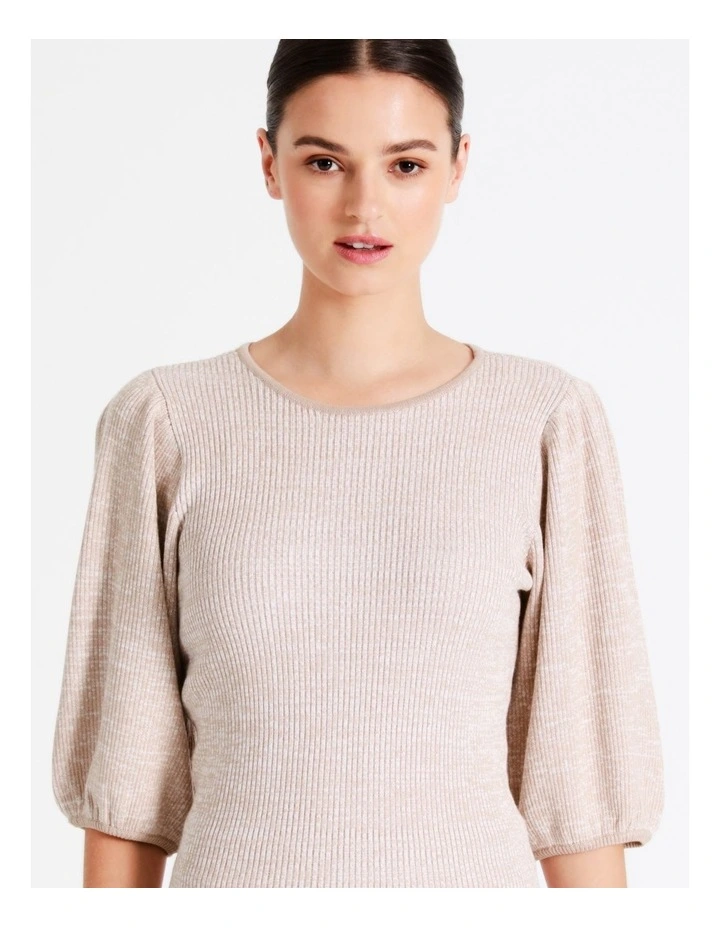 Rib Puff Sleeve Knit Top In Beige - Image 3
