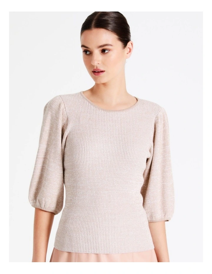Rib Puff Sleeve Knit Top In Beige - Image 5