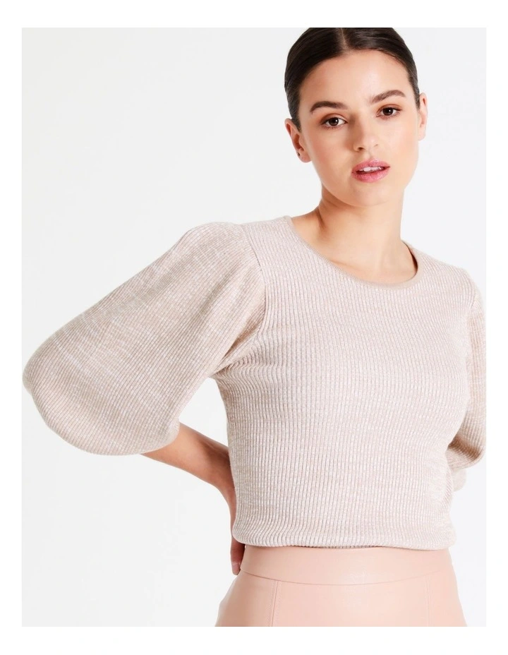 Rib Puff Sleeve Knit Top In Beige - Image 7