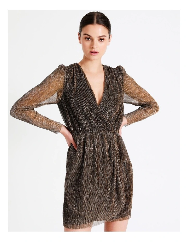 Plisse Wrap Mini Dress In Copper