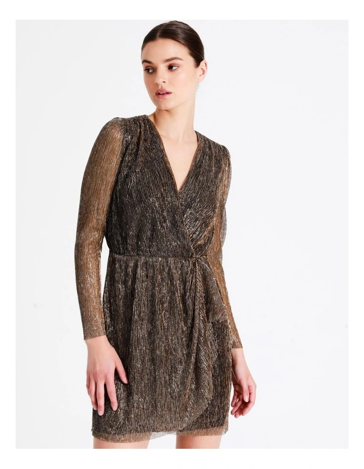 Plisse Wrap Mini Dress In Copper - Image 4