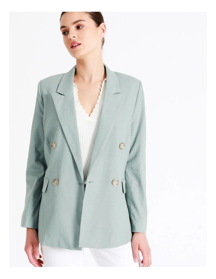 European Linen Blend Double Breasted Blazer In Sage - Image 2