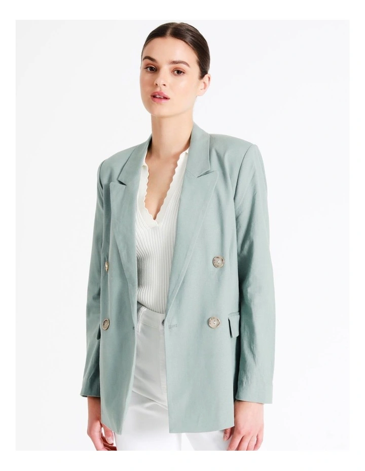 European Linen Blend Double Breasted Blazer In Sage - Image 4