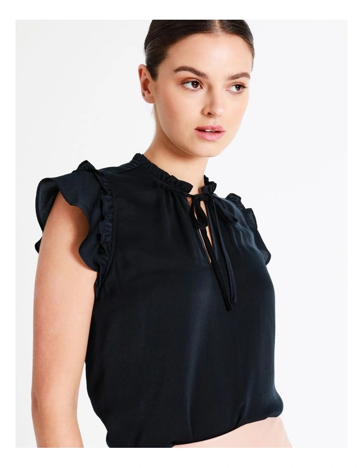 Recycled Blend Satin Ruffle Tie Neck Tank In Navy