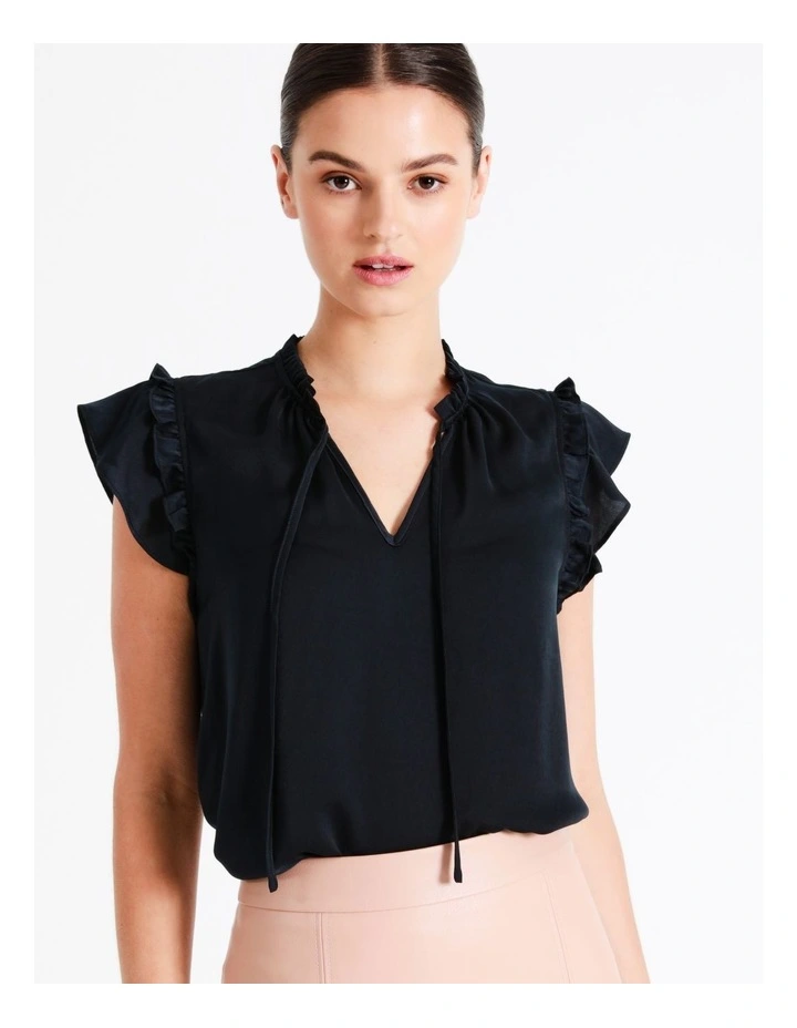 Recycled Blend Satin Ruffle Tie Neck Tank In Navy - Image 7