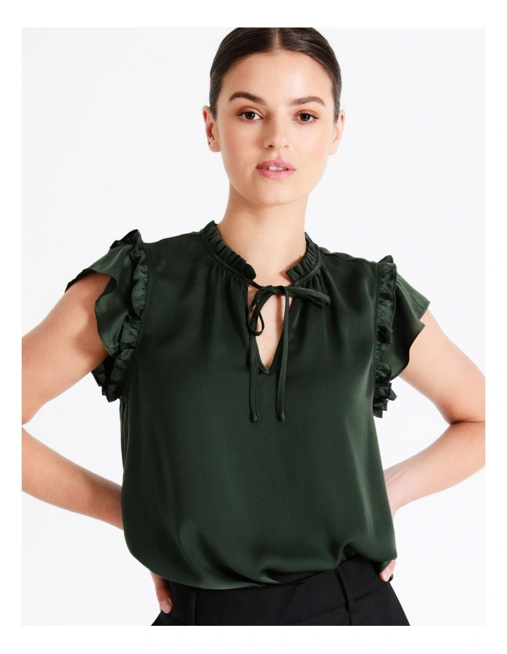 Recycled Blend Satin Ruffle Tie Neck Tank In Dark Olive