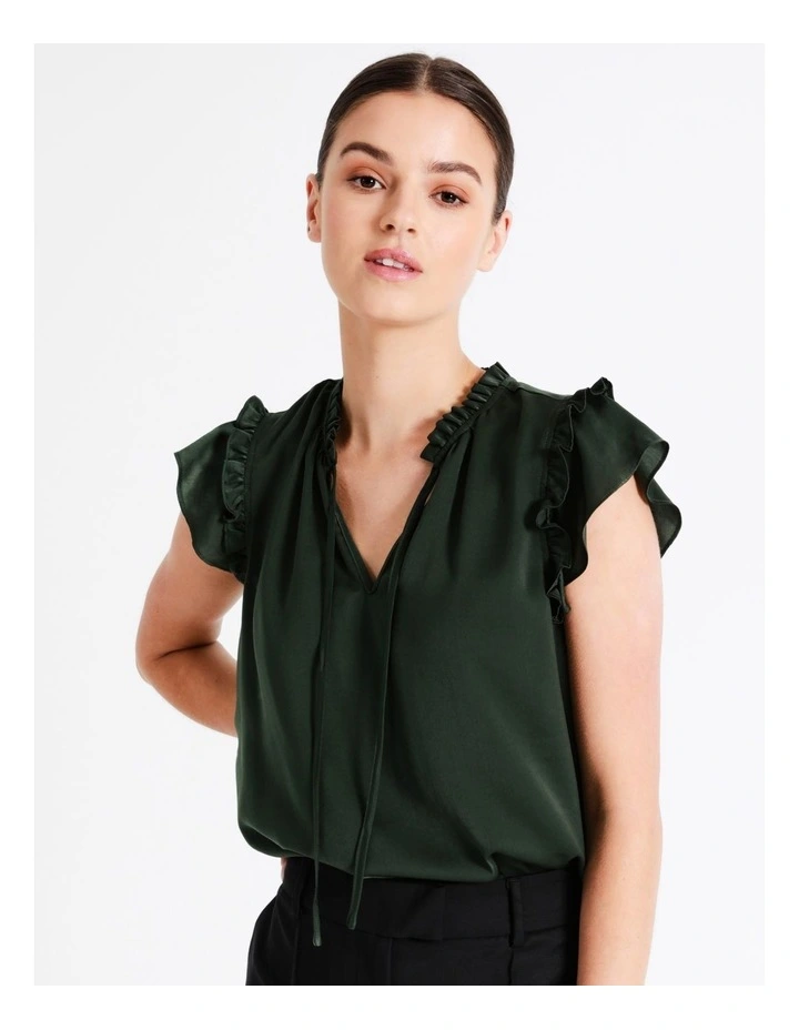 Recycled Blend Satin Ruffle Tie Neck Tank In Dark Olive - Image 2
