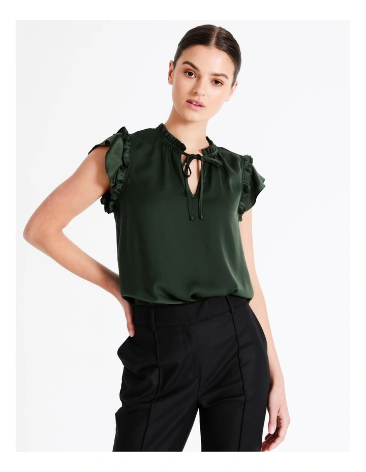 Recycled Blend Satin Ruffle Tie Neck Tank In Dark Olive - Image 3