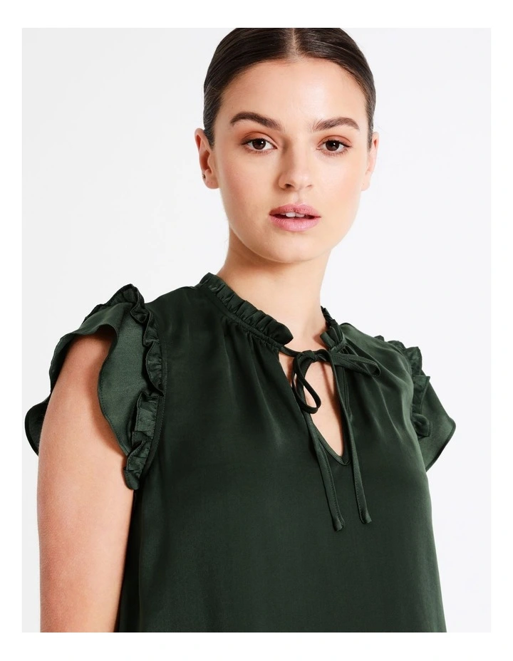 Recycled Blend Satin Ruffle Tie Neck Tank In Dark Olive - Image 4