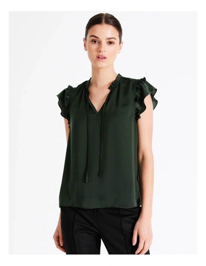 Recycled Blend Satin Ruffle Tie Neck Tank In Dark Olive - Image 5