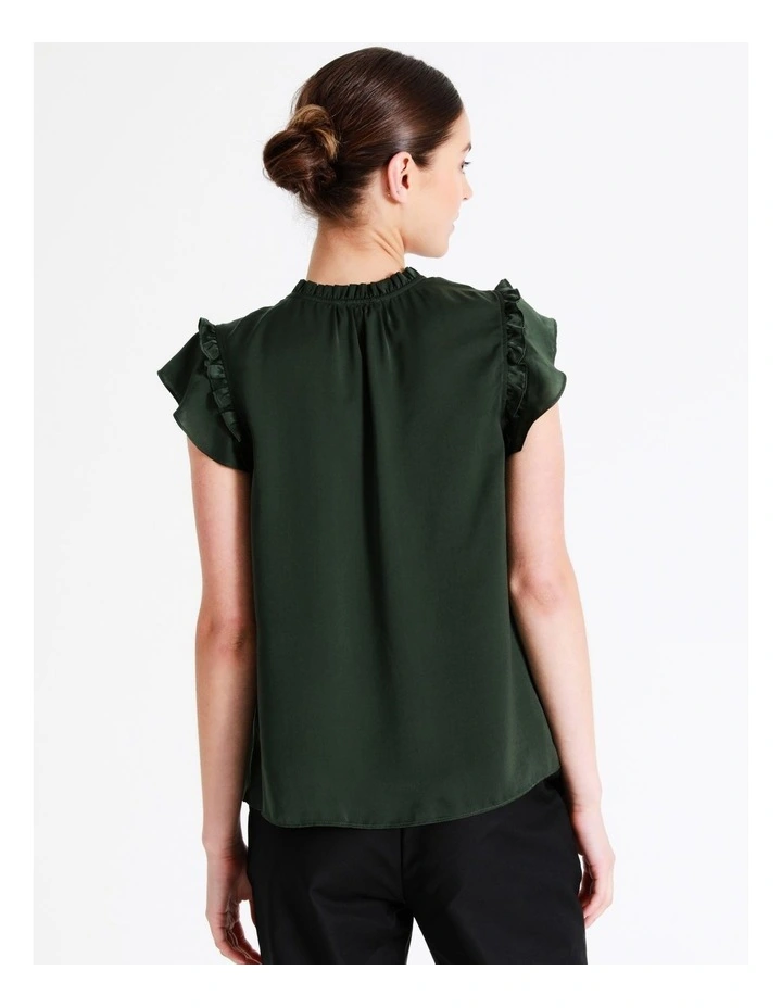 Recycled Blend Satin Ruffle Tie Neck Tank In Dark Olive - Image 6