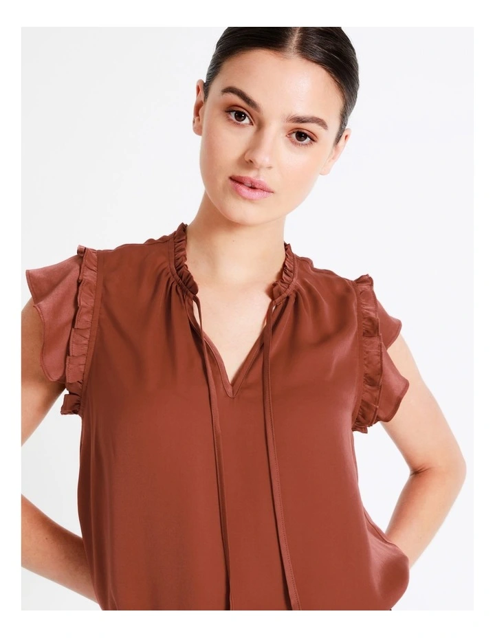Recycled Blend Satin Ruffle Tie Neck Tank In Rust