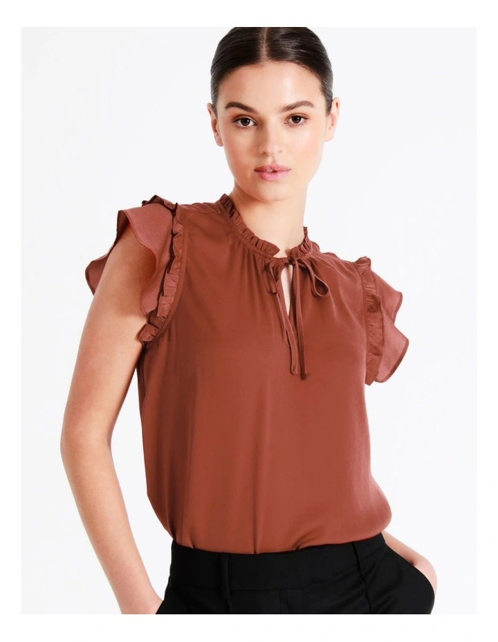 Recycled Blend Satin Ruffle Tie Neck Tank In Rust - Image 3
