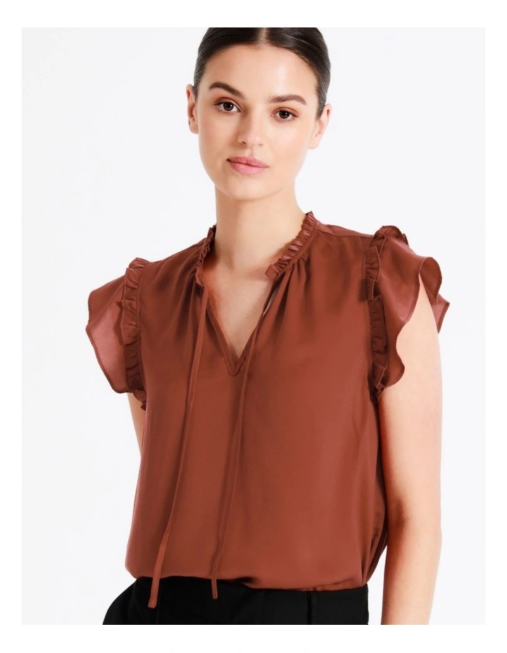 Recycled Blend Satin Ruffle Tie Neck Tank In Rust - Image 4