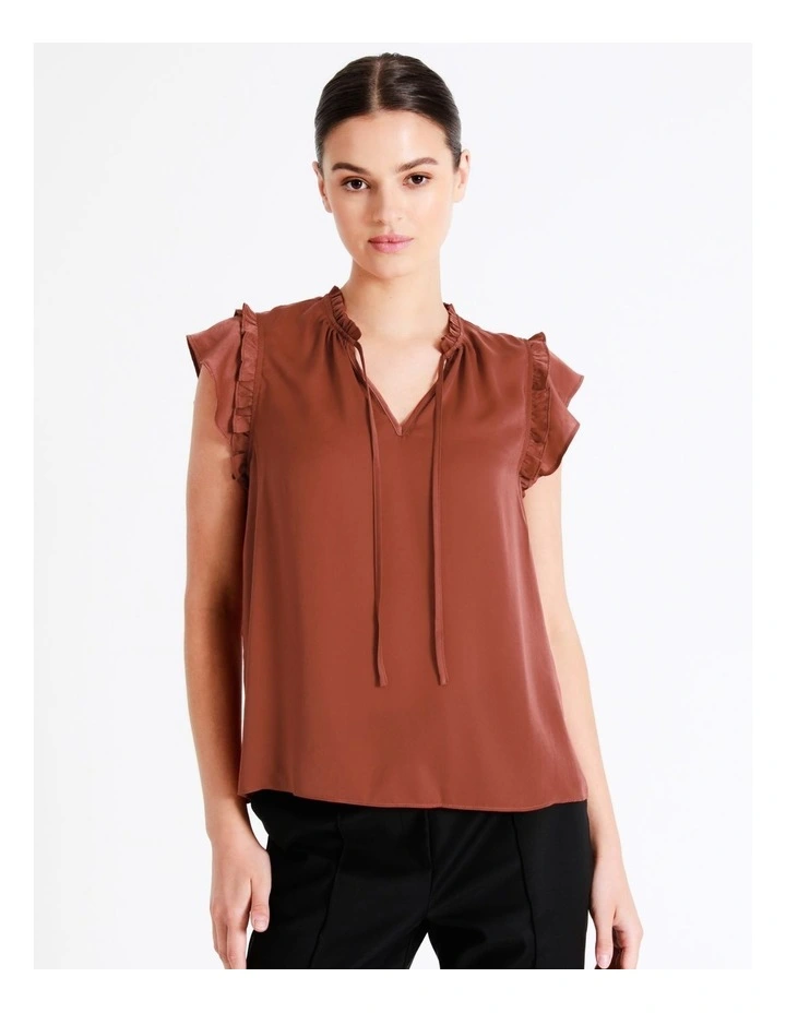 Recycled Blend Satin Ruffle Tie Neck Tank In Rust - Image 5