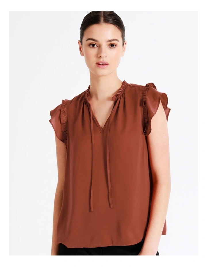 Recycled Blend Satin Ruffle Tie Neck Tank In Rust - Image 7