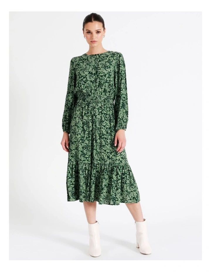 Blouson Sleeve Midi Dress In Green