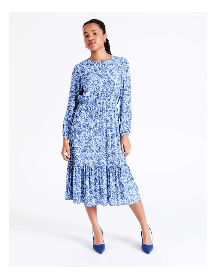 Blouson Sleeve Midi Dress In Blue