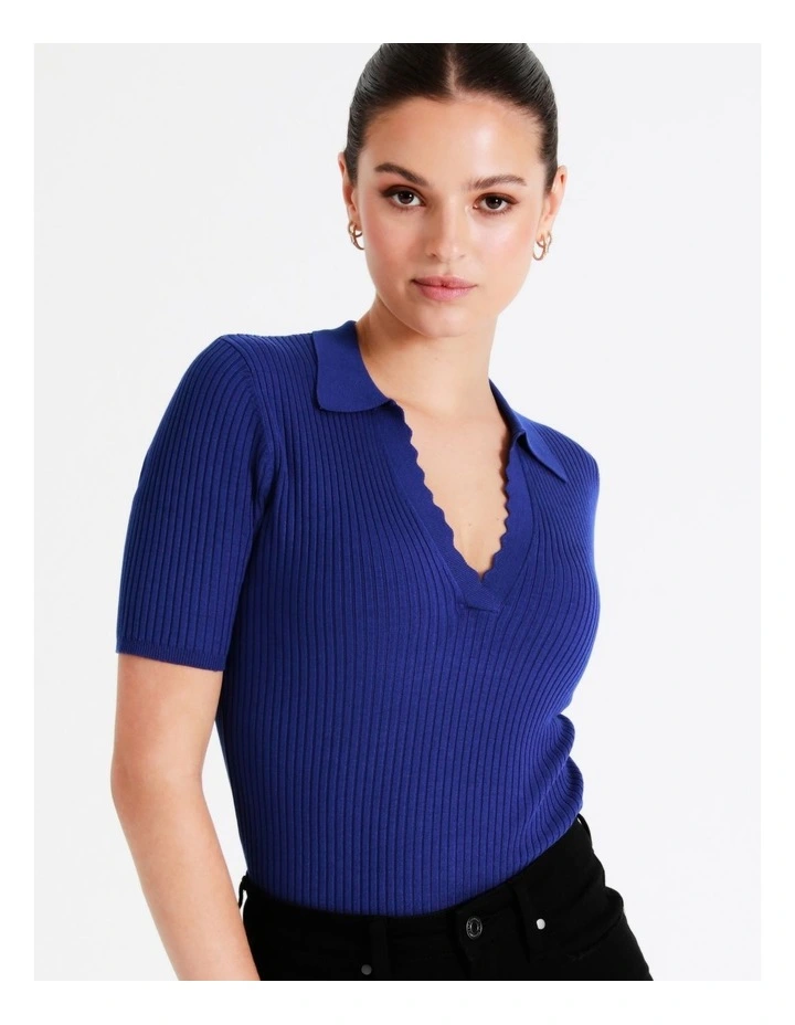 Rib Polo With Scallop Neck In Cobalt
