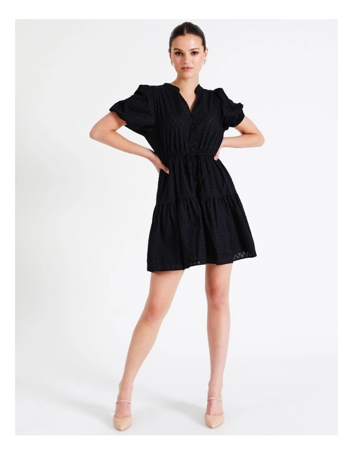 Organic Cotton Broderie Puff Sleeve Mini Dress In Navy