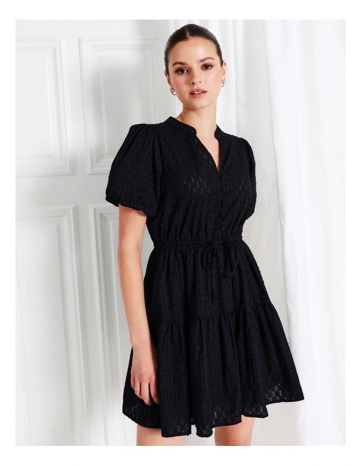 Organic Cotton Broderie Puff Sleeve Mini Dress In Navy - Image 2