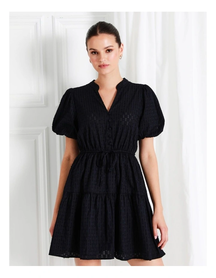 Organic Cotton Broderie Puff Sleeve Mini Dress In Navy - Image 3