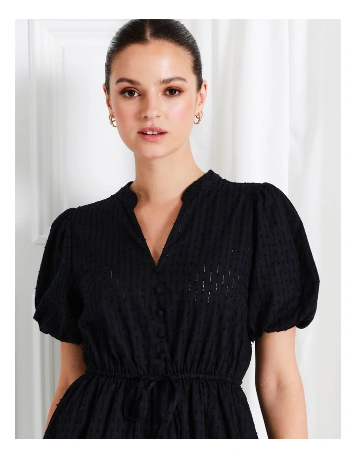 Organic Cotton Broderie Puff Sleeve Mini Dress In Navy - Image 4