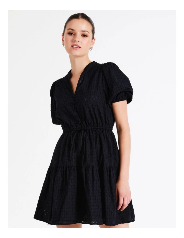 Organic Cotton Broderie Puff Sleeve Mini Dress In Navy - Image 5