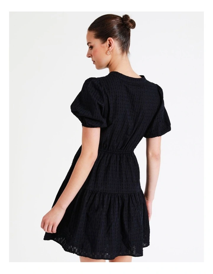 Organic Cotton Broderie Puff Sleeve Mini Dress In Navy - Image 6
