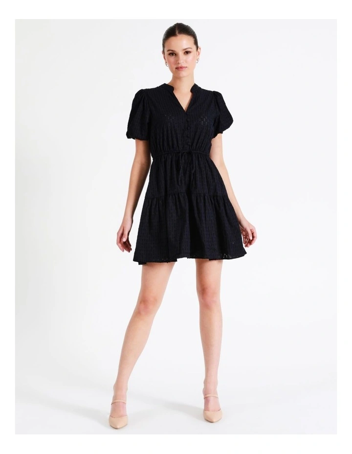Organic Cotton Broderie Puff Sleeve Mini Dress In Navy - Image 7