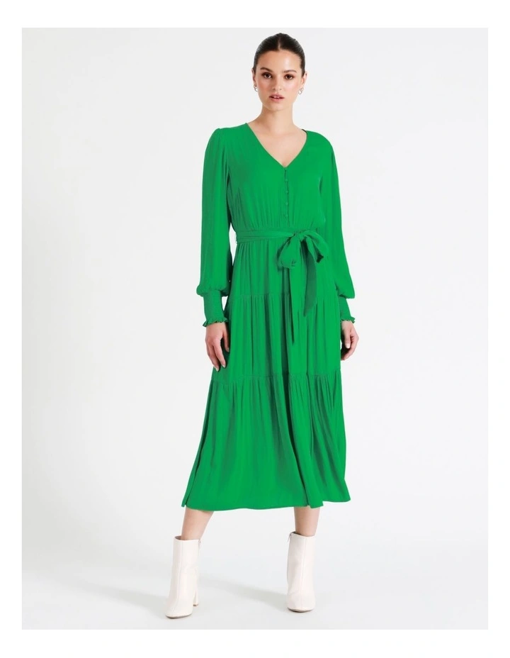 Recycled Blend Tiered Satin Midi Dress In Green