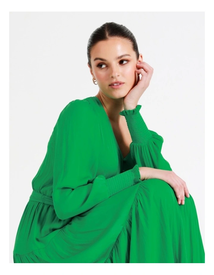 Recycled Blend Tiered Satin Midi Dress In Green - Image 2