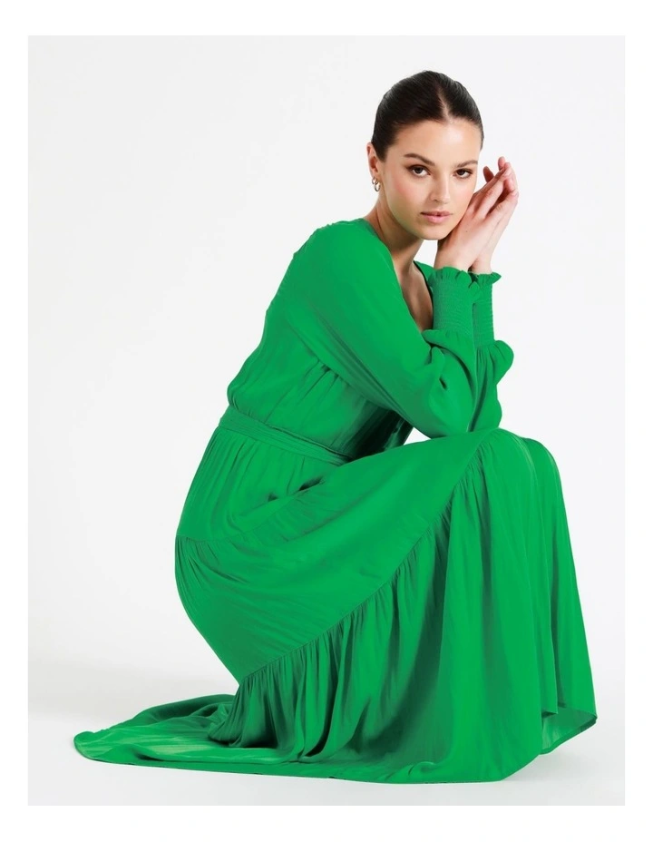 Recycled Blend Tiered Satin Midi Dress In Green - Image 3