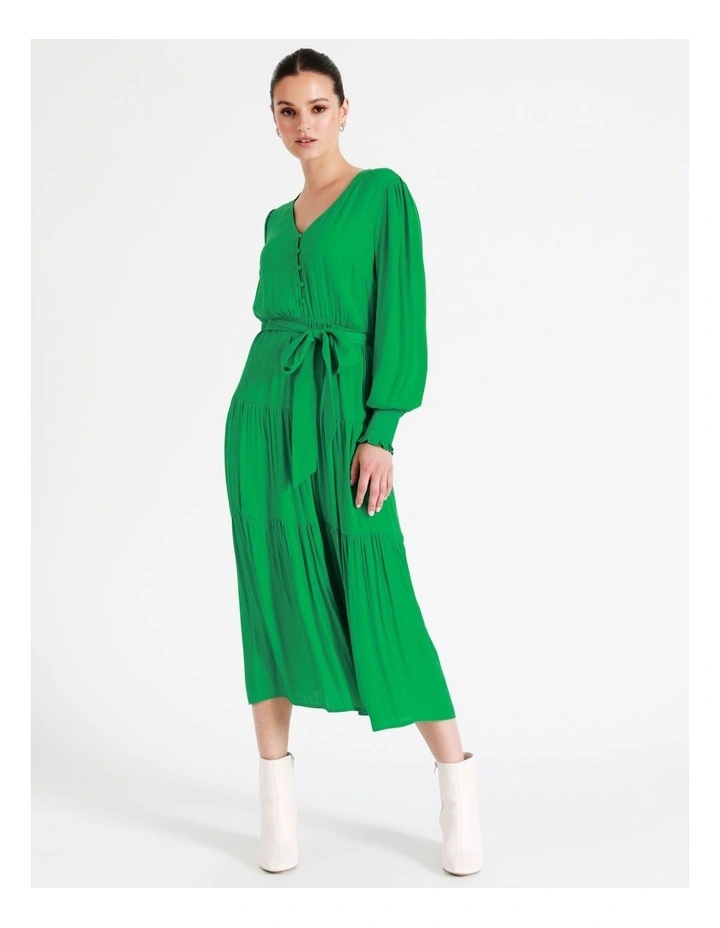 Recycled Blend Tiered Satin Midi Dress In Green - Image 5
