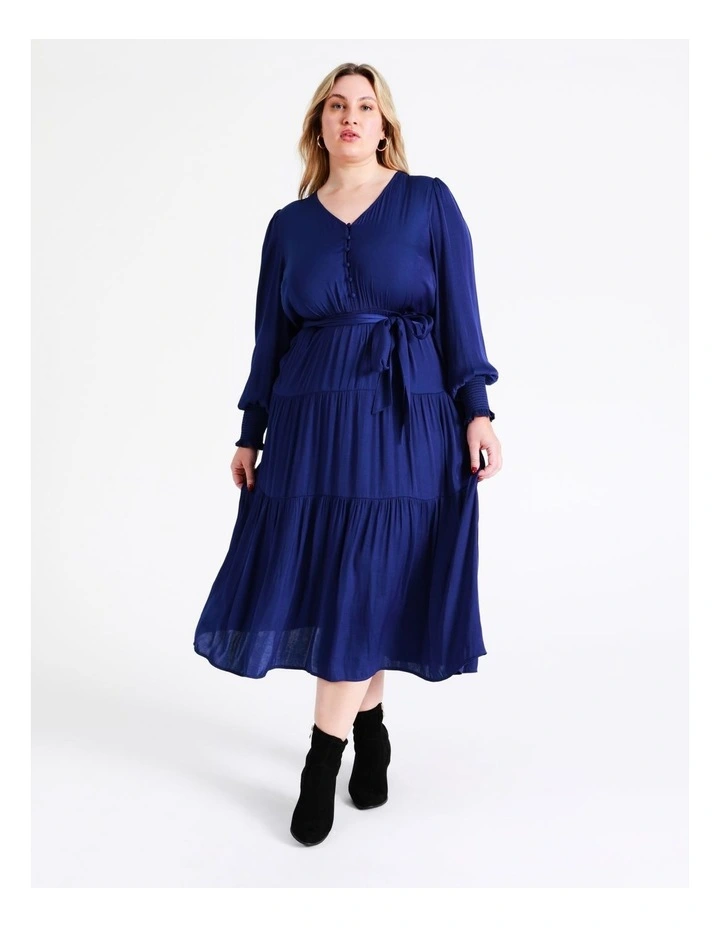 Recycled Blend Tiered Satin Midi Dress In Cobalt