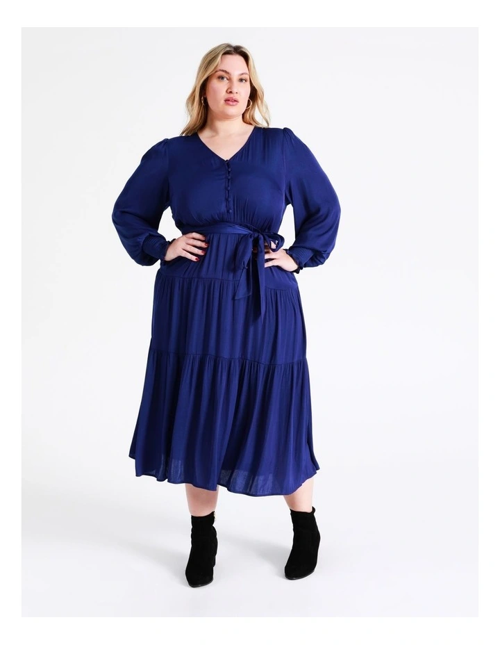 Recycled Blend Tiered Satin Midi Dress In Cobalt - Image 3