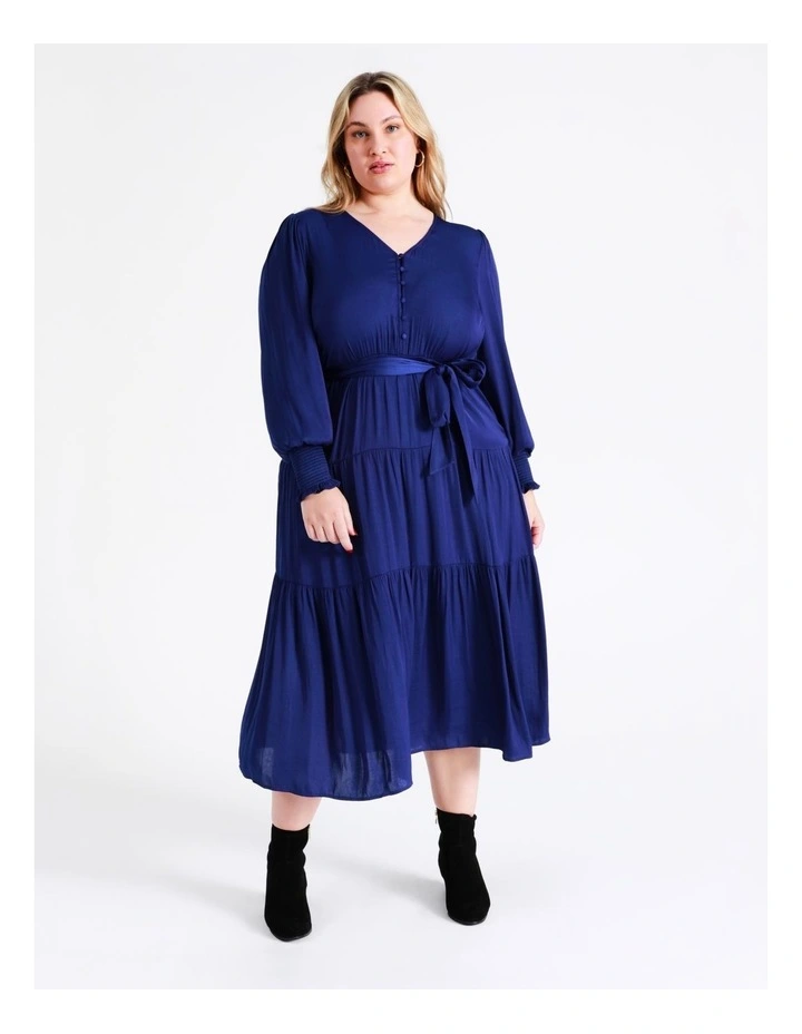 Recycled Blend Tiered Satin Midi Dress In Cobalt - Image 7