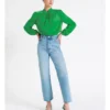 Recycled Satin Twist Neck Long Sleeve Top In Green