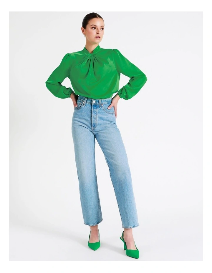 Recycled Satin Twist Neck Long Sleeve Top In Green