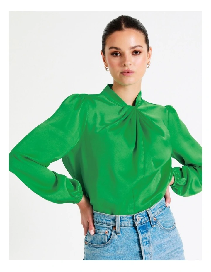Recycled Satin Twist Neck Long Sleeve Top In Green - Image 2
