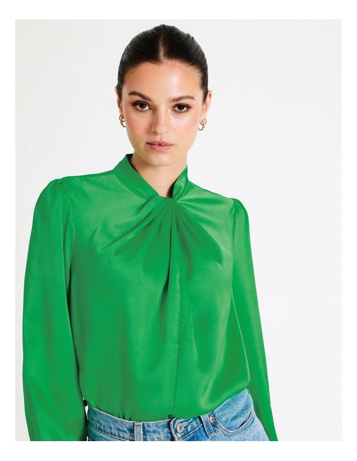 Recycled Satin Twist Neck Long Sleeve Top In Green - Image 3