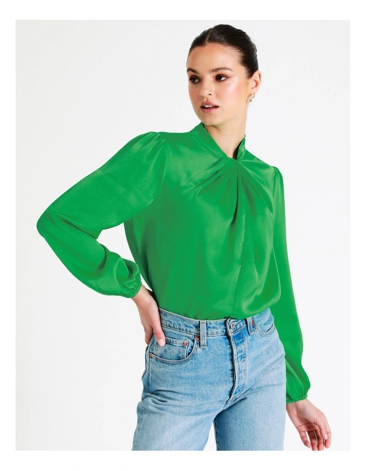 Recycled Satin Twist Neck Long Sleeve Top In Green - Image 4